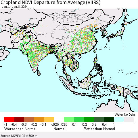 Asia Cropland NDVI Departure from Average (VIIRS) Thematic Map For 1/1/2024 - 1/8/2024