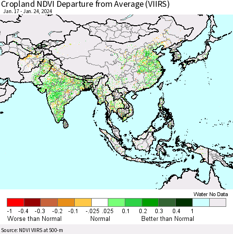Asia Cropland NDVI Departure from Average (VIIRS) Thematic Map For 1/17/2024 - 1/24/2024