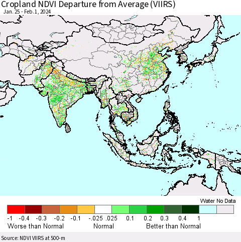 Asia Cropland NDVI Departure from Average (VIIRS) Thematic Map For 1/25/2024 - 2/1/2024