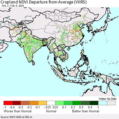 Asia Cropland NDVI Departure from Average (VIIRS) Thematic Map For 2/2/2024 - 2/9/2024