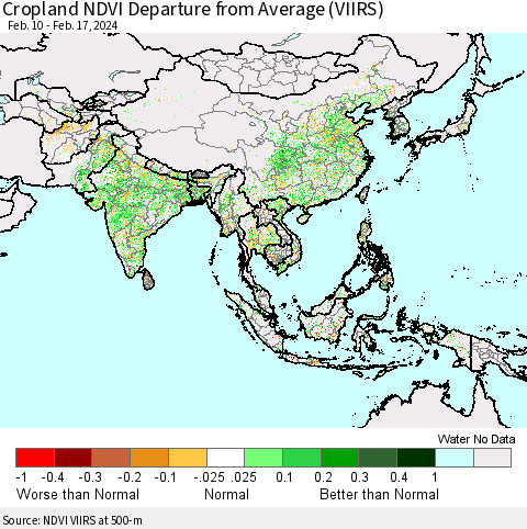 Asia Cropland NDVI Departure from Average (VIIRS) Thematic Map For 2/10/2024 - 2/17/2024