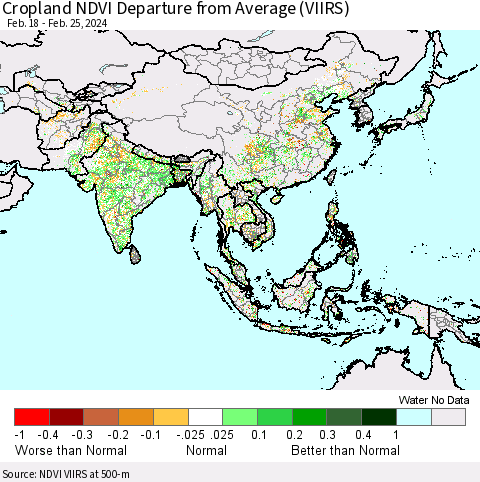 Asia Cropland NDVI Departure from Average (VIIRS) Thematic Map For 2/18/2024 - 2/25/2024
