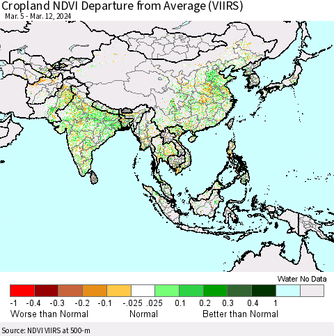 Asia Cropland NDVI Departure from Average (VIIRS) Thematic Map For 3/5/2024 - 3/12/2024