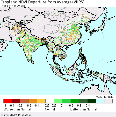 Asia Cropland NDVI Departure from Average (VIIRS) Thematic Map For 3/13/2024 - 3/20/2024