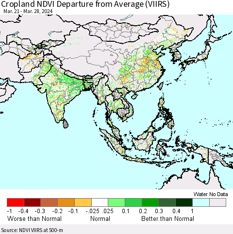Asia Cropland NDVI Departure from Average (VIIRS) Thematic Map For 3/21/2024 - 3/28/2024