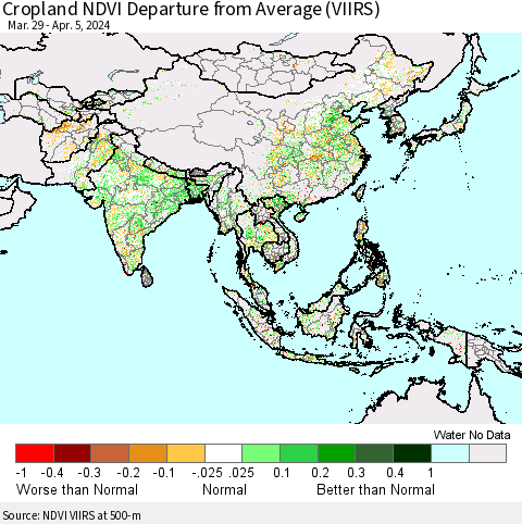 Asia Cropland NDVI Departure from Average (VIIRS) Thematic Map For 3/29/2024 - 4/5/2024