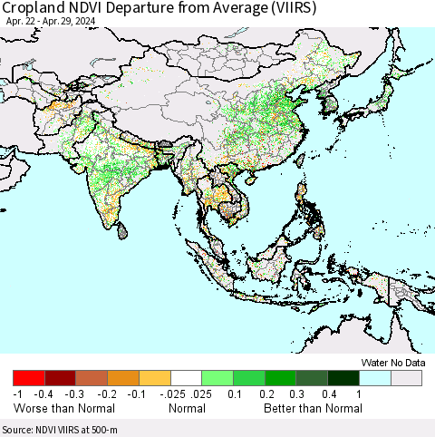 Asia Cropland NDVI Departure from Average (VIIRS) Thematic Map For 4/22/2024 - 4/29/2024