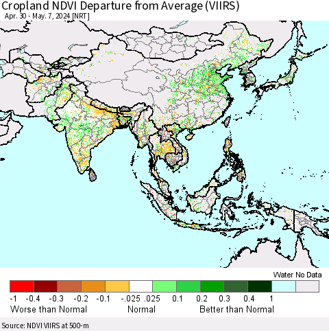 Asia Cropland NDVI Departure from Average (VIIRS) Thematic Map For 4/30/2024 - 5/7/2024