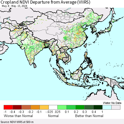 Asia Cropland NDVI Departure from Average (VIIRS) Thematic Map For 5/8/2024 - 5/15/2024