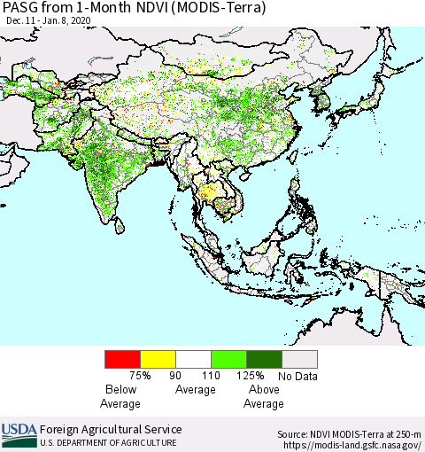 Asia PASG from 1-Month NDVI (Terra-MODIS) Thematic Map For 1/1/2020 - 1/10/2020