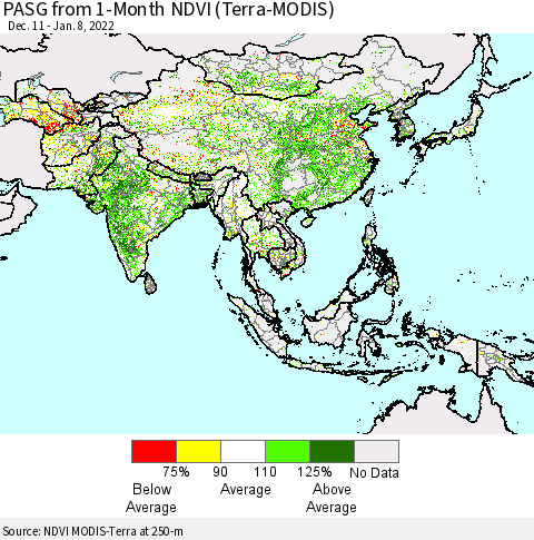 Asia PASG from 1-Month NDVI (Terra-MODIS) Thematic Map For 1/1/2022 - 1/8/2022