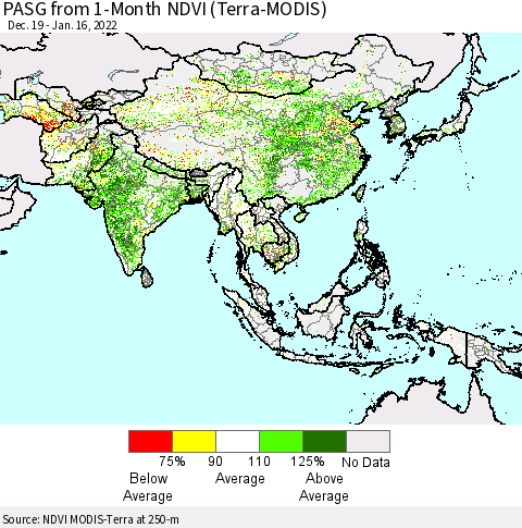 Asia PASG from 1-Month NDVI (Terra-MODIS) Thematic Map For 1/9/2022 - 1/16/2022