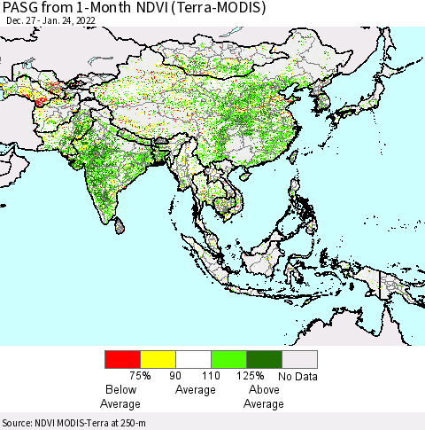 Asia PASG from 1-Month NDVI (Terra-MODIS) Thematic Map For 1/17/2022 - 1/24/2022