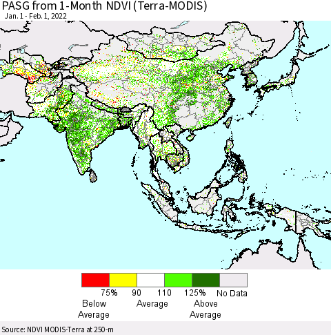 Asia PASG from 1-Month NDVI (Terra-MODIS) Thematic Map For 1/25/2022 - 2/1/2022