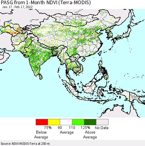 Asia PASG from 1-Month NDVI (Terra-MODIS) Thematic Map For 2/10/2022 - 2/17/2022