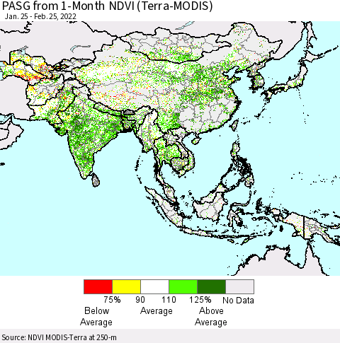 Asia PASG from 1-Month NDVI (Terra-MODIS) Thematic Map For 2/18/2022 - 2/25/2022