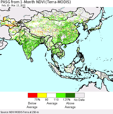 Asia PASG from 1-Month NDVI (Terra-MODIS) Thematic Map For 3/6/2022 - 3/13/2022