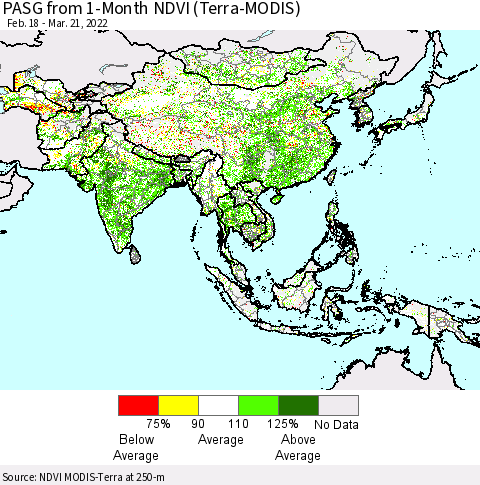 Asia PASG from 1-Month NDVI (Terra-MODIS) Thematic Map For 3/14/2022 - 3/21/2022