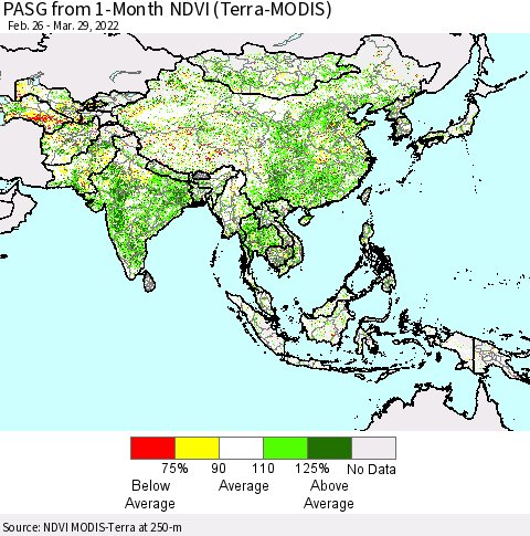 Asia PASG from 1-Month NDVI (Terra-MODIS) Thematic Map For 3/22/2022 - 3/29/2022