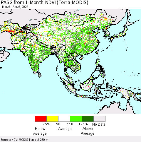 Asia PASG from 1-Month NDVI (Terra-MODIS) Thematic Map For 3/30/2022 - 4/6/2022