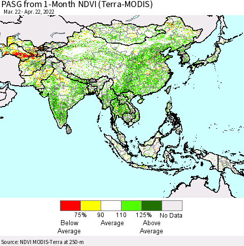 Asia PASG from 1-Month NDVI (Terra-MODIS) Thematic Map For 4/15/2022 - 4/22/2022