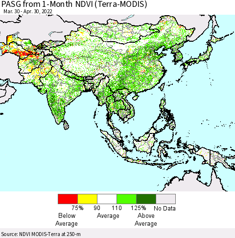 Asia PASG from 1-Month NDVI (Terra-MODIS) Thematic Map For 4/23/2022 - 4/30/2022