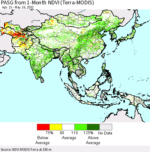 Asia PASG from 1-Month NDVI (Terra-MODIS) Thematic Map For 5/9/2022 - 5/16/2022