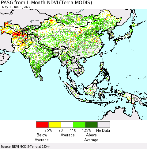 Asia PASG from 1-Month NDVI (Terra-MODIS) Thematic Map For 5/25/2022 - 6/1/2022