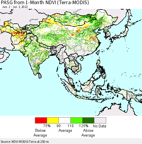 Asia PASG from 1-Month NDVI (Terra-MODIS) Thematic Map For 6/26/2022 - 7/3/2022