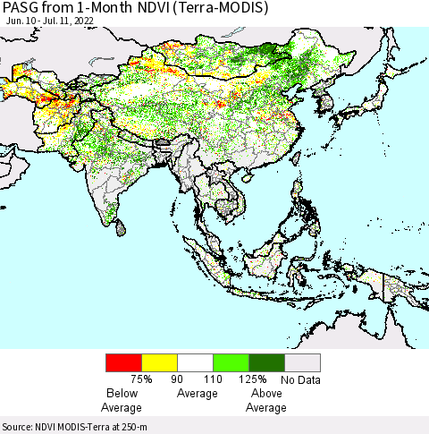 Asia PASG from 1-Month NDVI (Terra-MODIS) Thematic Map For 7/4/2022 - 7/11/2022