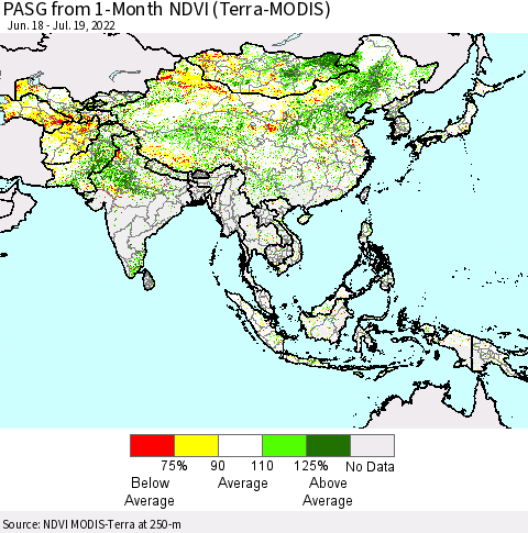 Asia PASG from 1-Month NDVI (Terra-MODIS) Thematic Map For 7/12/2022 - 7/19/2022