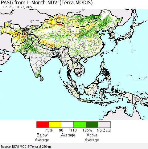 Asia PASG from 1-Month NDVI (Terra-MODIS) Thematic Map For 7/20/2022 - 7/27/2022
