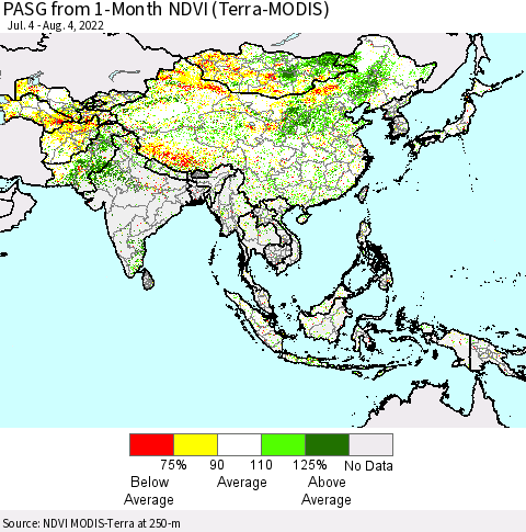 Asia PASG from 1-Month NDVI (Terra-MODIS) Thematic Map For 7/28/2022 - 8/4/2022