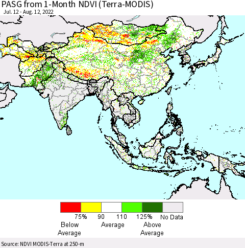 Asia PASG from 1-Month NDVI (Terra-MODIS) Thematic Map For 8/5/2022 - 8/12/2022