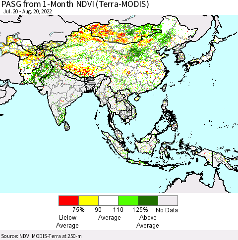 Asia PASG from 1-Month NDVI (Terra-MODIS) Thematic Map For 8/13/2022 - 8/20/2022