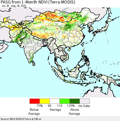 Asia PASG from 1-Month NDVI (Terra-MODIS) Thematic Map For 8/21/2022 - 8/28/2022