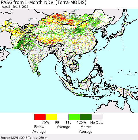 Asia PASG from 1-Month NDVI (Terra-MODIS) Thematic Map For 8/29/2022 - 9/5/2022