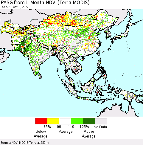 Asia PASG from 1-Month NDVI (Terra-MODIS) Thematic Map For 9/30/2022 - 10/7/2022