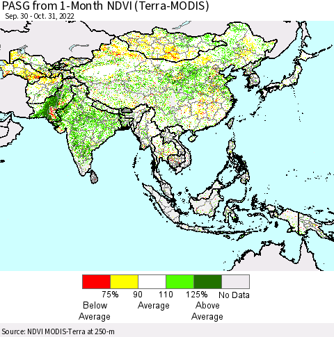 Asia PASG from 1-Month NDVI (Terra-MODIS) Thematic Map For 10/24/2022 - 10/31/2022