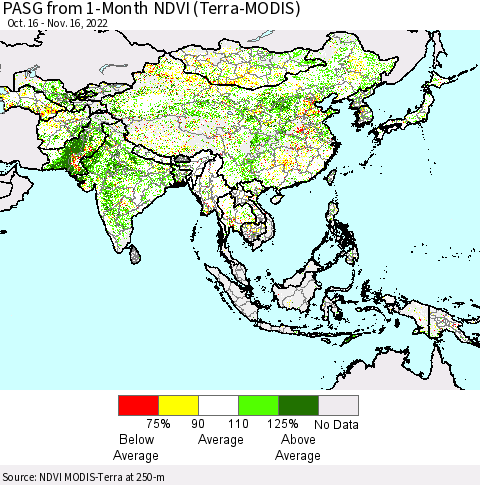 Asia PASG from 1-Month NDVI (Terra-MODIS) Thematic Map For 11/9/2022 - 11/16/2022
