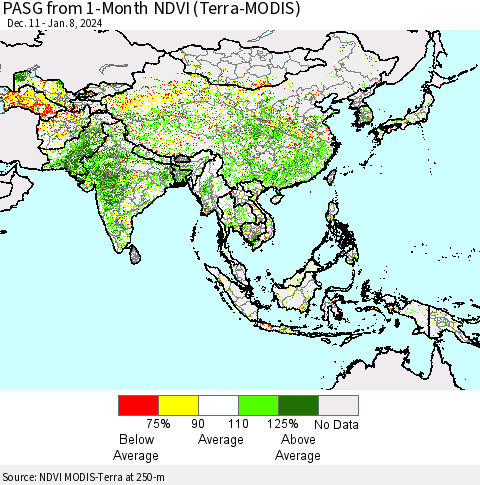 Asia PASG from 1-Month NDVI (Terra-MODIS) Thematic Map For 1/1/2024 - 1/8/2024