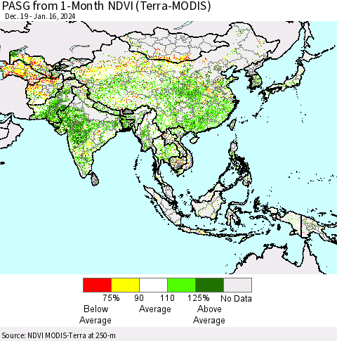 Asia PASG from 1-Month NDVI (Terra-MODIS) Thematic Map For 1/9/2024 - 1/16/2024
