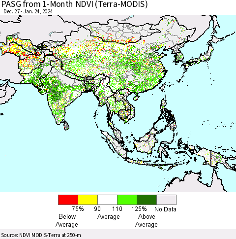 Asia PASG from 1-Month NDVI (Terra-MODIS) Thematic Map For 1/17/2024 - 1/24/2024
