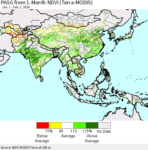 Asia PASG from 1-Month NDVI (Terra-MODIS) Thematic Map For 1/25/2024 - 2/1/2024