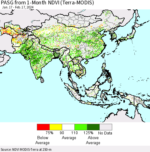 Asia PASG from 1-Month NDVI (Terra-MODIS) Thematic Map For 2/10/2024 - 2/17/2024