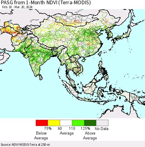Asia PASG from 1-Month NDVI (Terra-MODIS) Thematic Map For 3/13/2024 - 3/20/2024