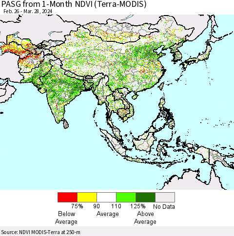 Asia PASG from 1-Month NDVI (Terra-MODIS) Thematic Map For 3/21/2024 - 3/28/2024