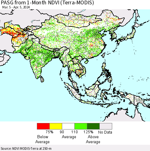 Asia PASG from 1-Month NDVI (Terra-MODIS) Thematic Map For 3/29/2024 - 4/5/2024