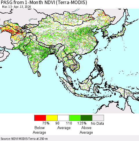 Asia PASG from 1-Month NDVI (Terra-MODIS) Thematic Map For 4/6/2024 - 4/13/2024