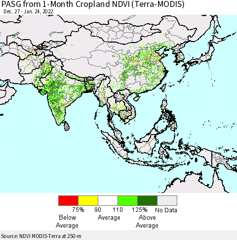 Asia PASG from 1-Month Cropland NDVI (Terra-MODIS) Thematic Map For 1/17/2022 - 1/24/2022